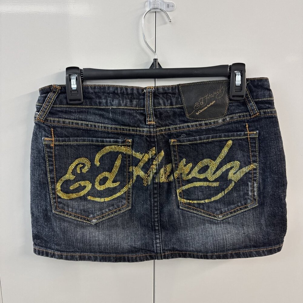 Vintage Ed Hardy Denim Mini Skirt Womens 28 Dark Blue Spell Out Rhinestones‎
